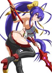 Rule 34 | 1girl, antenna hair, arc system works, ass, bare shoulders, blazblue, blazblue: central fiction, blazblue variable heart, blush, boots, breasts, fingerless gloves, genderswap, genderswap (mtf), gloves, hair ribbon, halterneck, highres, huge breasts, itaya, long hair, looking at viewer, mai natsume, outseal, pants, polearm, ponytail, purple eyes, purple hair, ribbon, shiny clothes, shiny skin, simple background, skin tight, smile, solo, spear, very long hair, weapon, white background