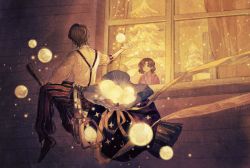 Rule 34 | 1boy, 1girl, black hair, broom, broom riding, brown hair, christmas lights, christmas tree, curtains, earrings, facing away, flying, from outside, giving, glowing, hand on window, jewelry, lantern, light particles, magic, mengxiaheqing, night, orb, original, outstretched arm, pants, pouch, shirt, shoes, short hair, striped clothes, striped pants, surprised, suspenders, vertical-striped clothes, vertical-striped pants, wall, white shirt, window