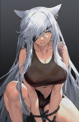 Rule 34 | 1girl, alternate costume, animal ears, arknights, bare shoulders, breasts, cameltoe, chain, cleavage, cleft of venus, clenched teeth, covered erect nipples, drive shot, duke of windermere (arknights), eyepatch, feet out of frame, grey hair, highres, large breasts, long hair, on one knee, short shorts, shorts, solo, tank top, teeth, torn clothes, torn sleeves, very long hair, yellow eyes