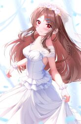 Rule 34 | 1girl, azur lane, blush, braid, breasts, bridal veil, brown hair, cleavage, closed mouth, clothes lift, dress, dress lift, fingerless gloves, flower, frilled dress, frills, fuuna, gloves, hair flower, hair ornament, hairclip, highres, kimberly (azur lane), long hair, looking at viewer, medium breasts, red eyes, smile, solo, swept bangs, veil, wedding dress, white dress, white gloves