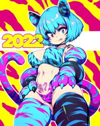 Rule 34 | 1girl, 2022, :p, absurdres, animal ears, blue eyes, blue hair, breasts, choker, commentary, heterochromia, highres, long hair, looking at viewer, medium breasts, navel, original, pubic tattoo, red background, red eyes, short hair, slugbox, solo, stomach, tail, tattoo, thighhighs, tiger ears, tiger tail, tongue, tongue out, two-tone background, vomi agogo (slugbox), yellow background