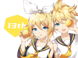 Rule 34 | 1boy, 1girl, :d, bare shoulders, black sailor collar, black sleeves, blonde hair, blue eyes, brother and sister, collarbone, commentary, detached sleeves, food, hair between eyes, hair ornament, hair ribbon, hairclip, hand up, headset, highres, holding, holding food, kagamine len, kagamine rin, long sleeves, looking at viewer, neckerchief, one eye covered, open mouth, rhea (0u0), ribbon, sailor collar, shirt, siblings, sleeveless, sleeveless shirt, smile, symbol-only commentary, twins, upper body, vocaloid, white background, white ribbon, white shirt, wide sleeves, yellow neckerchief