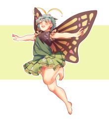 Rule 34 | 1girl, antennae, aqua hair, barefoot, blush, butterfly wings, closed eyes, dress, eternity larva, fairy, green dress, highres, insect wings, leaf, leaf on head, multicolored clothes, multicolored dress, open mouth, orz (kagewaka), outstretched arms, short hair, short sleeves, smile, solo, spread arms, touhou, wings