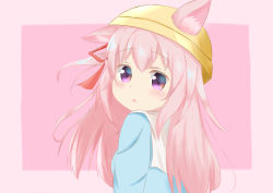 Rule 34 | 1girl, :o, absurdres, animal ears, azur lane, blue shirt, blush, cat ears, commentary request, ears through headwear, hair between eyes, hair ribbon, hat, head tilt, highres, kindergarten uniform, kisaragi (azur lane), liya (yosoro2016), looking at viewer, looking to the side, one side up, parted lips, pink background, pink hair, purple eyes, red ribbon, ribbon, school hat, shirt, solo, striped, two-tone background, vertical stripes, yellow hat