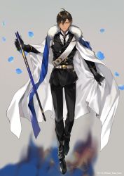 Rule 34 | 1boy, belt, belt buckle, black footwear, black gloves, black jacket, blue scarf, bolo tie, brown hair, buckle, buttons, cane, cape, dark skin, double-breasted, earrings, fate/grand order, fate (series), full body, fur-trimmed cape, fur trim, gloves, highres, holding, holding cane, jacket, jewelry, male focus, ozymandias (fate), sakura hitsuji, scarf, shirt, shoes, shoulder belt, solo, twitter username, white belt, white cape, white shirt, yellow eyes
