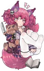 Rule 34 | 1girl, absurdres, animal ear fluff, animal ears, arknights, covering crotch, covering privates, fox ears, fox girl, fox tail, highres, holding, holding stuffed toy, id card, knife, lanyard, leggings, menthako, no shoes, pantyhose, pink eyes, pink hair, shamare (arknights), soles, solo, stuffed animal, stuffed toy, tail, white pantyhose