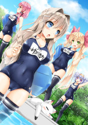 Rule 34 | 4girls, :3, :o, animal, arm up, armpits, bare arms, bare shoulders, black legwear, blonde hair, blue eyes, blue one-piece swimsuit, blue sky, blush, blush stickers, breasts, bush, cameltoe, cat, chain-link fence, cleavage, closed mouth, cloud, collarbone, competition school swimsuit, covered navel, day, fence, frills, gluteal fold, green eyes, hair intakes, hair ornament, hair ribbon, hairband, hairclip, highres, holding, kamiya tomoe, light brown hair, long hair, medium breasts, moe2018, multiple girls, name tag, old school swimsuit, one-piece swimsuit, open mouth, orange hairband, original, outdoors, pink eyes, pink hair, pink ribbon, pool, poolside, purple eyes, purple hair, ribbon, school swimsuit, sidelocks, skindentation, sky, small breasts, swimsuit, thighhighs, twintails, two side up, very long hair, wading, water, x hair ornament
