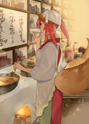 Rule 34 | 1girl, animal ears, apron, bandana, cooking, cowboy shot, cup, fate/grand order, fate (series), firewood, fox ears, fox girl, fox tail, frilled apron, frills, from side, highres, holding, holding cup, holding ladle, japanese clothes, jar, kimono, kitchen, ladle, long sleeves, looking ahead, medium hair, multiple tails, natsuko (summer 525528), oven, pink hair, profile, red kimono, sakazuki, solo, tail, tamamo (fate), tamamo no mae (fate/extra), twintails, white apron, white bandana, wok, yellow eyes