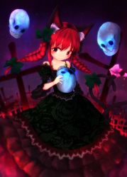 Rule 34 | 1girl, absurdres, adapted costume, animal ears, ayase nome, blush, bow, braid, cat ears, cat tail, dress, floating skull, heart, heart tail, highres, holding, holding skull, kaenbyou rin, long hair, looking to the side, multiple tails, nekomata, night, night sky, off-shoulder dress, off shoulder, outdoors, red eyes, red hair, skull, sky, solo, tail, touhou, twin braids