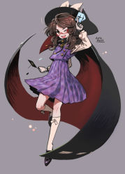 Rule 34 | 1girl, brown eyes, brown hair, buttons, cape, chabi (amedama), cropped vest, double-breasted, full body, glasses, gloves, hat, hat ribbon, high-waist skirt, kneehighs, loafers, low twintails, open mouth, pleated skirt, purple skirt, purple vest, ribbon, school uniform, shoes, short twintails, skirt, socks, solo, touhou, twintails, usami sumireko, vest, white gloves, white socks