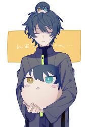 Rule 34 | 1boy, :o, aqua eyes, black hair, buttons, closed eyes, closed mouth, commentary request, ensemble stars!, hair between eyes, heterochromia, high collar, highres, holding, k planet 0, kagehira mika, long sleeves, male focus, omanjuu mascot, open mouth, short hair, solo, turtleneck, upper body, white background, yellow eyes