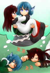 Rule 34 | 2girls, animal ears, bare shoulders, barefoot, blue eyes, blue hair, blush, brown eyes, brown hair, carrying, colored eyelashes, dreaming, dress, drill hair, fins, head fins, holding hands, hug, imaizumi kagerou, japanese clothes, kimono, mermaid, monster girl, multiple girls, off-shoulder dress, off shoulder, princess carry, role reversal, sleeping, touhou, wakasagihime, white dress, wolf ears, yukimuro