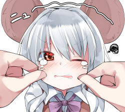 Rule 34 | 1girl, 1other, absurdres, animal ears, blush, bow, bowtie, cheek pinching, female focus, highres, mouse ears, mouse girl, one eye closed, original, pinching, silver hair, simple background, solo focus, squiggle, tetora 960, white background