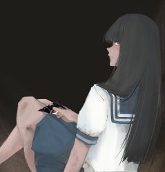 Rule 34 | 1girl, absurdres, bare legs, black hair, closed mouth, dress, expressionless, fashion, feet out of frame, from behind, from side, full body, glass, highres, knees together feet apart, kyzutoslcats, lips, looking at viewer, nose, original, profile, red eyes, sailor dress, school uniform, solo