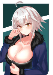 Rule 34 | 1girl, ahoge, bad id, bad pixiv id, black dress, blue coat, blush, breasts, cleavage, closed mouth, coat, collarbone, dress, fate/grand order, fate (series), fur-trimmed coat, fur trim, highres, jeanne d&#039;arc (fate), jeanne d&#039;arc alter (fate), jeanne d&#039;arc alter (ver. shinjuku 1999) (fate), kenjun, large breasts, long sleeves, looking at viewer, official alternate costume, open clothes, open coat, short hair, silver hair, solo, wicked dragon witch ver. shinjuku 1999, yellow eyes