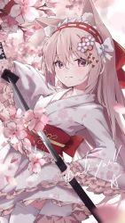 Rule 34 | 1girl, animal ear fluff, animal ears, blush, brown hair, closed mouth, copyright request, floral print, flower, frilled sleeves, frills, hair between eyes, hair flower, hair ornament, hairband, highres, holding, holding sheath, holding sword, holding weapon, japanese clothes, kimono, long hair, long sleeves, obi, pink flower, print kimono, red eyes, red hairband, sash, sheath, sheathing, sleeves past wrists, smile, solo, sword, taitan, thank you, thighhighs, very long hair, weapon, white flower, white kimono, white thighhighs, wide sleeves