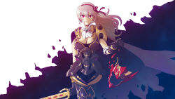 Rule 34 | 1girl, arm at side, armor, armored leotard, artist request, black armor, black cape, black hairband, black leotard, black thighhighs, breasts, cape, cleavage, clenched hands, corrin (female) (fire emblem), corrin (female) (nohr noble) (fire emblem), corrin (fire emblem), eyelashes, facing viewer, female focus, fire emblem, fire emblem fates, floating hair, gauntlets, hair between eyes, hair ornament, hairband, hand up, highres, holding, holding sword, holding weapon, intelligent systems, legs, legs together, leotard, long hair, looking at viewer, medium breasts, neck, neckerchief, nintendo, official alternate costume, parted lips, pointy ears, red eyes, revealing clothes, serious, shoulder armor, sidelocks, sleeveless, sleeveless leotard, standing, stirrup legwear, sword, thighhighs, thighs, toeless legwear, torn cape, torn clothes, v-shaped eyebrows, wavy hair, weapon, white background, white hair, yato (fire emblem)