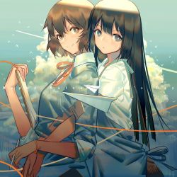 Rule 34 | 10s, 2girls, album cover, bird, black eyes, black hair, bracelet, brown eyes, brown hair, closed mouth, cloud, cover, from side, happy valentine, hibike! euphonium, highres, hug, hug from behind, jewelry, kousaka reina, looking at viewer, looking to the side, multiple girls, neck ribbon, norizc, oumae kumiko, pen, revision, ribbon, shirt, sleeves rolled up, upper body, valentine, white shirt