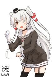 Rule 34 | 1girl, amatsukaze (kancolle), artist name, brown dress, commentary request, dated, dress, garter straps, gloves, grey neckerchief, hair tubes, hat, highres, kantai collection, leaning forward, lifebuoy ornament, long hair, looking at viewer, mini hat, neckerchief, one-hour drawing challenge, one eye closed, owa (ishtail), sailor dress, short dress, silver hair, simple background, single glove, smile, solo, thighhighs, two side up, white background, white gloves
