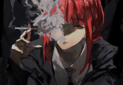 Rule 34 | 1girl, alternate eye color, black background, black jacket, black necktie, blunt bangs, braid, chainsaw man, cigarette, collared jacket, collared shirt, commentary request, fingernails, grey eyes, grey shirt, hand up, highres, holding, holding cigarette, jacket, lips, long fingernails, long hair, long sleeves, makima (chainsaw man), necktie, open clothes, open jacket, red hair, ringed eyes, shirt, shru (ss sl99), sidelocks, simple background, sitting, smoke, smoking, solo
