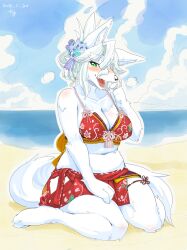 Rule 34 | 1girl, animal ear fluff, animal ears, animal feet, animal nose, artist name, bare shoulders, barefoot, beach, bikini, blue flower, blue sky, blush, body fur, breasts, breath, bright pupils, cleavage, cloud, collarbone, dated, day, fangs, feet, female focus, floral print, flower, folded ponytail, forked eyebrows, fox ears, fox girl, fox tail, full body, furry, furry female, green eyes, hair between eyes, hair flower, hair ornament, hakama, hakama short skirt, hakama skirt, half-closed eyes, hand on own thigh, hand to own mouth, hand up, happy, highres, hip vent, horizon, japanese clothes, kame (3t), large breasts, looking at viewer, navel, nervous, nose blush, ocean, open mouth, original, outdoors, playing with own hair, purple flower, raised eyebrows, red bikini, red hakama, sand, short hair, shy, sidelocks, signature, sitting, skirt, sky, smile, snout, solo, stomach, sweat, swimsuit, tail, teeth, thick eyebrows, thigh strap, tongue, wariza, water, white fur, white hair, white pupils