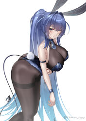 Rule 34 | 1girl, absurdres, animal ears, arm strap, arm under breasts, ass, azur lane, bare shoulders, blue eyes, blue hair, blue leotard, blush, bodystocking, breasts, breath, bunny day, curvy, fake animal ears, fake tail, from side, hair between eyes, hair intakes, hand on own arm, highleg, highleg leotard, highres, huge ass, irkawaza, large breasts, leaning forward, leotard, long hair, looking at viewer, necktie, new jersey (azur lane), new jersey (exhilarating steps!) (azur lane), official alternate costume, parted lips, playboy bunny, ponytail, rabbit ears, rabbit tail, short necktie, solo, strapless, strapless leotard, tail, thighs, twitter username, very long hair, wristband