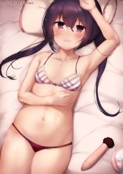 Rule 34 | 1girl, bare shoulders, black panties, blush, bra, breasts, commentary, gochuumon wa usagi desu ka?, hair between eyes, highres, kimoshi, long hair, looking at viewer, lying, navel, on back, on bed, panties, pillow, purple eyes, purple hair, red panties, small breasts, solo, striped bra, striped clothes, tedeza rize, twintails, underwear