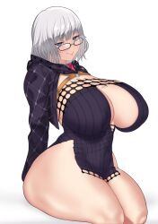 Rule 34 | 1girl, aster crowley, black dress, black jacket, blue eyes, blush, breasts, cleavage, cropped jacket, dress, fate/grand order, fate (series), glasses, grey hair, highres, hood, hooded jacket, huge breasts, jacket, jacques de molay (foreigner) (fate), long sleeves, looking at viewer, open clothes, open jacket, short dress, short hair, sitting, smile, solo, thick thighs, thighs, white background