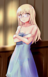 Rule 34 | 1girl, blonde hair, blue nightgown, blue panties, blush, book, breasts, closed mouth, collarbone, frilled panties, frills, glasses, highres, holding, holding book, indoors, long hair, looking at viewer, nightgown, panties, perrine h. clostermann, shiny skin, small breasts, solo, strike witches, underwear, world witches series, yellow eyes
