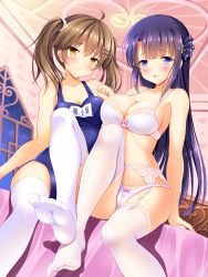 Rule 34 | 2girls, ahoge, arm support, arms at sides, bashen chenyue, bed, bedroom, blue eyes, blunt bangs, blush, bow, bow bra, bow panties, bra, breasts, brown hair, cameltoe, ceiling, cleavage, collarbone, dot nose, dutch angle, embarrassed, feet, garter belt, garter straps, hair ornament, hair scrunchie, hairclip, highres, indoors, knee up, lace, lace-trimmed legwear, lace trim, large breasts, leg up, lingerie, long hair, looking at viewer, medium breasts, mo xiaoju, multiple girls, name tag, no shoes, one-piece swimsuit, open mouth, panties, pink bow, purple hair, san se hui lian, school swimsuit, scrunchie, see-through, see-through legwear, side-by-side, sidelocks, sitting, soles, swimsuit, thighhighs, thighs, toes, sanse hui lian, twintails, underwear, underwear only, wen zhi, white bra, white legwear, white panties, yellow eyes