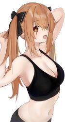 Rule 34 | 1girl, absurdres, arm up, bare shoulders, black bow, bow, breasts, brown hair, cleavage, commentary request, crop top, girls&#039; frontline, hair bow, hand up, highres, kotoha (kotoha65), large breasts, looking at viewer, midriff, navel, scar, scar across eye, solo, stomach, twintails, ump9 (girls&#039; frontline), upper body