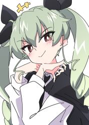 Rule 34 | 1girl, anchovy (girls und panzer), anzio school uniform, black cape, black ribbon, cape, closed mouth, commentary request, girls und panzer, green eyes, hair between eyes, hair ribbon, ixy, long hair, ribbon, school uniform, shirt, simple background, smile, solo, twintails, white background, white shirt
