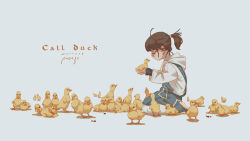 Rule 34 | 1girl, ahoge, animal, bird, blue background, blue footwear, brown hair, closed eyes, commentary, dated, duck, duckling, from side, full body, glasses, highres, holding, holding animal, hood, hood down, hoodie, long sleeves, original, overall skirt, pantyhose, ponytail, profile, red-framed eyewear, seiza, short hair, signature, simple background, sitting, too many, white hoodie, white pantyhose, xiaobanbei milk