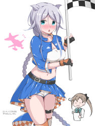 Rule 34 | 2girls, akigumo (kancolle), akigumo (kancolle) (cosplay), bandeau, black gloves, blue eyes, blue jacket, blue skirt, blush, braid, breasts, checkered clothes, checkered flag, cleavage, commentary request, cosplay, cowboy shot, cropped jacket, cropped torso, flag, gloves, hair flaps, hair tie, highres, jacket, kantai collection, long hair, looking at viewer, medium breasts, midriff, mole, mole under eye, multiple girls, nose blush, parted bangs, partially fingerless gloves, pleated skirt, race queen, saburou hiji, shorts, shorts under skirt, simple background, skirt, solo focus, umikaze (kancolle), umikaze kai ni (kancolle), upper body, very long hair, white background, white bandeau, white hair, white shorts