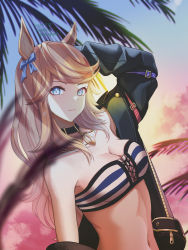 Rule 34 | 1girl, animal ears, arm behind head, arm up, armpit crease, bandeau, black choker, black jacket, blonde hair, blue eyes, blue sky, bow, breasts, chain, choker, cleavage, closed mouth, cloud, collarbone, commentary request, dated, ear bow, gold chain, gold city (umamusume), horse ears, horse girl, jacket, kuzumochi (kuzumochiya), long hair, looking at viewer, medium breasts, midriff, navel, off shoulder, open clothes, open jacket, outdoors, palm leaf, sidelocks, single bare shoulder, sky, smile, solo, standing, striped bandeau, sunset, swept bangs, twitter username, umamusume, upper body