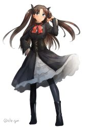 Rule 34 | 1girl, adjusting hair, alle gro, alternate costume, black dress, black footwear, black hair, black ribbon, blue eyes, blush, boots, corset, dress, fate/stay night, fate (series), frilled dress, frills, full body, hair ribbon, hand on own hip, long hair, long sleeves, looking at viewer, meme attire, pantyhose, red ribbon, ribbon, simple background, solo, tohsaka rin, twitter username, two side up, virgin killer outfit, white background