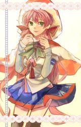 Rule 34 | 10s, 1girl, akashi (kancolle), cape, capelet, cloak, green eyes, hair ribbon, highres, hip vent, kantai collection, long hair, looking at viewer, niga, open mouth, pink hair, red cape, ribbon, school uniform, serafuku, side slit, skirt, smile, solo, thighhighs, tress ribbon, twintails