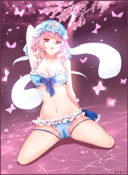 Rule 34 | 1girl, adapted costume, bare shoulders, bikini, blue bikini, borrowed design, breasts, bug, butterfly, cherry blossoms, cleavage, female focus, full body, ghost, greetload, hat, hitodama, insect, navel, open mouth, parted lips, petals, pink eyes, pink hair, saigyouji yuyuko, short hair, sitting, solo, spread legs, swimsuit, touhou, triangular headpiece, wrestling outfit