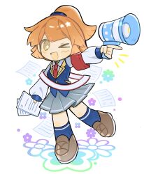 &gt;_o 1girl arle_nadja armband blue_socks blue_vest blue_wrist_cuffs blush brown_eyes brown_footwear brown_hair collared_shirt grey_skirt half_updo highres holding holding_megaphone holding_paper jsjefff kneehighs loafers long_sleeves looking_at_viewer madou_monogatari megaphone necktie notice_lines official_alternate_costume one_eye_closed open_mouth paper pleated_skirt ponytail puyopuyo puyopuyo_quest red_armband red_necktie sash school_uniform shirt shoes short_hair skirt sky smile socks solo star_(sky) star_(symbol) starry_sky vest wrist_cuffs