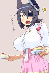 Rule 34 | 1girl, alternate costume, anna miller, breasts, cake, covered erect nipples, eyepatch, food, headgear, heart, holding, holding food, kantai collection, kozou (rifa), large breasts, name tag, no headwear, open mouth, part time job, plate, purple hair, simple background, solo, tenryuu (kancolle), thought bubble, translated, waitress, white background, yellow eyes