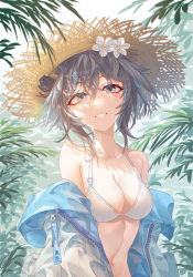 Rule 34 | 1girl, absurdres, arknights, bare shoulders, bikini, breasts, cleavage, collarbone, flower, grey eyes, grey hair, grin, hair between eyes, hair flower, hair ornament, hat, highres, innoarukugyou, jacket, la pluma (arknights), la pluma (summer flowers) (arknights), large breasts, looking at viewer, navel, off shoulder, official alternate costume, open clothes, open jacket, short hair, smile, solo, stomach, straw hat, swimsuit, upper body, white bikini, white flower