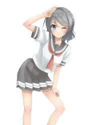 Rule 34 | 10s, 1girl, arm up, black skirt, blue eyes, brown hair, commentary request, highres, honorikiti, light smile, looking at viewer, love live!, love live! sunshine!!, neckerchief, one eye closed, pleated skirt, salute, school uniform, serafuku, short hair, simple background, skirt, solo, tie clip, watanabe you, white background