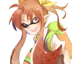 Rule 34 | 1girl, ;d, ahoge, cosplay, hair ribbon, inkling player character, kagerou (kancolle), kagerou (kancolle) (cosplay), kantai collection, long hair, nintendo, one eye closed, open mouth, orange hair, paint, paint on clothes, paint splatter, paint splatter on face, pointy ears, ribbon, school uniform, short sleeves, short twintails, sidelocks, simple background, smile, solo, splatoon (series), splatoon 1, tentacle hair, tsukamoto minori, twintails, upper body, white background, yellow ribbon