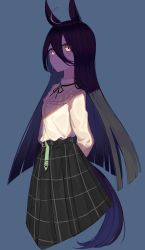 Rule 34 | 1girl, ahoge, animal ears, arms behind back, belt, belt buckle, black hair, black skirt, blue background, buckle, closed mouth, commentary, cropped torso, frilled shirt collar, frills, frown, hair between eyes, highres, horse ears, horse girl, horse tail, long hair, long sleeves, looking at viewer, manhattan cafe (umamusume), multicolored hair, neck ribbon, ribbon, shade, shirt, shirt tucked in, skirt, solo, streaked hair, tail, tsuchi (sh spica1), umamusume, upper body, yellow eyes, yellow shirt