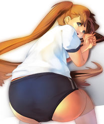 Rule 34 | all fours, aqua eyes, ass, bad id, bad pixiv id, brown hair, buruma, gym uniform, hammer-san, long hair, looking back, open mouth, original, scared, solo, thighhighs, top-down bottom-up, twintails, very long hair