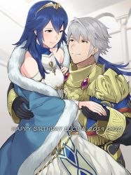 Rule 34 | 1boy, 1girl, ameno (a meno0), armor, black gloves, blue cape, blue eyes, blue hair, bracelet, breastplate, brown eyes, cape, detached sleeves, dress, eye contact, fire emblem, fire emblem awakening, floating hair, fur-trimmed cape, fur trim, gloves, hair between eyes, happy birthday, holding hands, jewelry, long hair, long sleeves, looking at another, lucina (fire emblem), nintendo, pauldrons, robin (fire emblem), robin (male) (fire emblem), shoulder armor, silver hair, sleeveless, sleeveless dress, smile, white dress, white sleeves