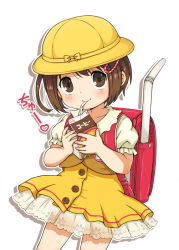 Rule 34 | 1girl, backpack, bag, bow, brown eyes, brown hair, child, chocolate milk, coffee, dress, drinking, drinking straw, hair ornament, hairclip, hat, kindergarten uniform, lasto, looking at viewer, milk carton, outline, oversized object, personification, randoseru, school hat, shadow, short hair, simple background, smile, solo, translation request, white background, yukico-tan, yukijirushi