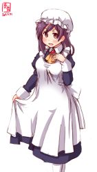 Rule 34 | 1girl, alternate costume, apron, blush, brown eyes, dated, frills, hagikaze (kancolle), hat, highres, kanon (kurogane knights), kantai collection, long hair, maid, maid apron, maid headdress, mob cap, one side up, open mouth, purple hair, simple background, solo, waist apron, white background, yellow neckwear