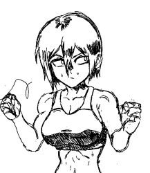 Rule 34 | 1girl, abs, belly, breasts, collarbone, female focus, gutsbro14, hitomi-chan wa hitomishiri, large breasts, looking to the side, muscular, muscular female, short hair, simple background, sketch, solo, sports bra, sportswear, sweat, takano hitomi, tomboy, upper body, white background
