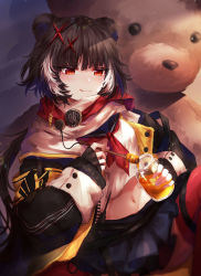 Rule 34 | 1girl, :q, absurdres, animal ears, arknights, bad id, bad pixiv id, bear ears, black hair, black jacket, cable, crop top, hair ornament, highres, holding, honey, jacket, jar, midriff, miniskirt, multicolored hair, navel, neckerchief, open clothes, open jacket, red eyes, red thighhighs, sailor collar, school uniform, serafuku, shirt, short hair, skirt, smile, solo, stomach, stuffed animal, stuffed toy, takano jiyuu, teddy bear, thighhighs, tongue, tongue out, two-tone hair, white shirt, x hair ornament